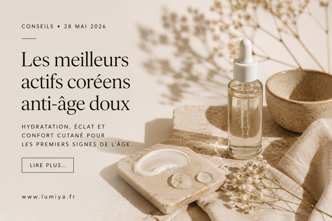 Illustration éditoriale d’actifs coréens anti-âge doux avec sérum premium, hydratation et skincare coréenne pour peau sensible.