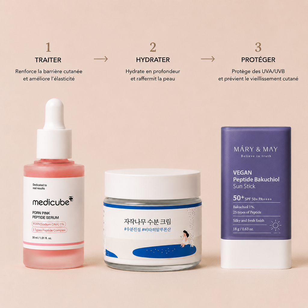 Routine Éclat & Teint Fatigué Lumiya avec sérum Medicube PDRN Pink Peptide, crème Round Lab Birch Juice et protection solaire Mary & May Vegan Peptide Bakuchiol Sun Stick SPF50+ pour peaux sensibles.