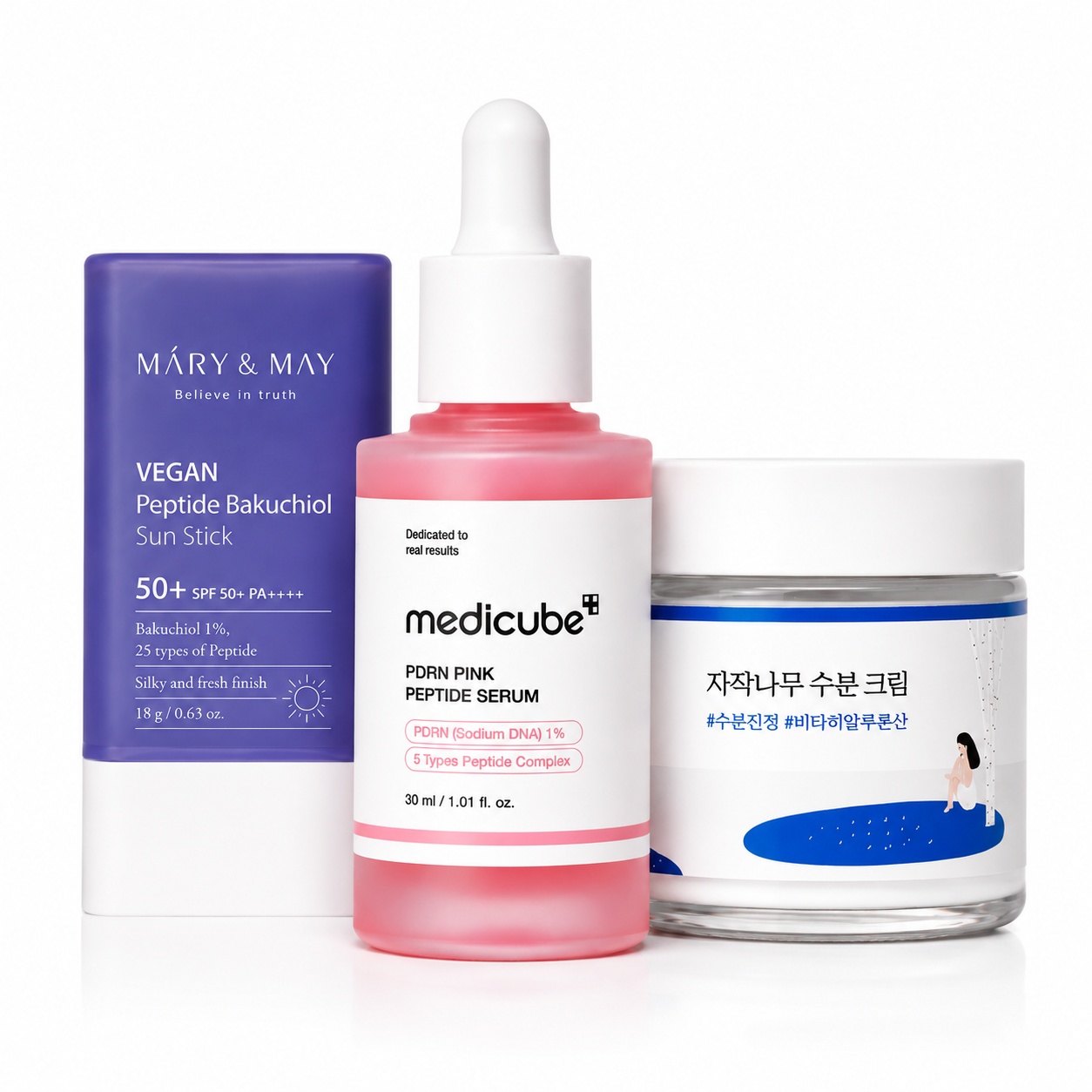 Routine Éclat & Teint Fatigué Lumiya pour peaux sensibles comprenant le sérum Medicube PDRN Pink Peptide, la crème hydratante Round Lab Birch Juice Moisturizing Cream et le stick solaire Mary & May Vegan Peptide Bakuchiol Sun Stick SPF50+ PA++++.