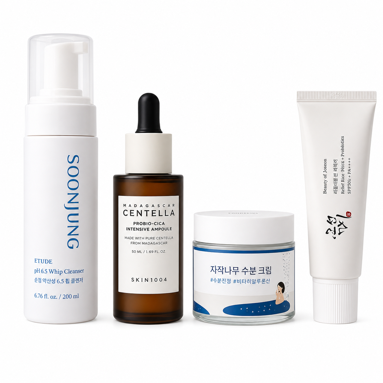 Routine Hydratation & Éclat 40+ Lumiya avec nettoyant, ampoule, crème hydratante et SPF50+ pour peaux sèches et déshydratées.